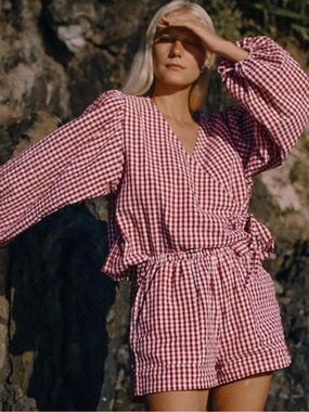 bare road s Red & White Gingham Tie-Front Blouse